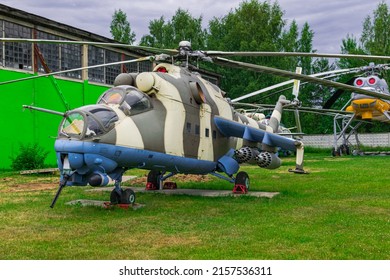 MoscowRussia; June 26 2019: Mil Mi-24 V,  Soviet Air Force helicopter gunship, displayed in russian aircraft museum