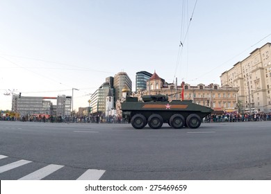 MOSCOW/RUSSIA - MAY 4: Bumerang Amphibious Armored Personnel Carrier (APC) Based On Armata Next Generation Heavy Military Vehicle Combat Platform On Night Parade Rehearsal On May 4, 2015 In Moscow.