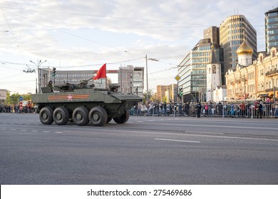 MOSCOW/RUSSIA - MAY 4: Bumerang Amphibious Armored Personnel Carrier (APC) Based On Armata Next Generation Heavy Military Vehicle Combat Platform On Night Parade Rehearsal On May 4, 2015 In Moscow.