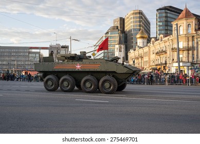 MOSCOW/RUSSIA - MAY 4: Bumerang Amphibious Armored Personnel Carrier (APC) Based On Armata Next Generation Heavy Military Vehicle Combat Platform On Night Parade Rehearsal On May 4, 2015 In Moscow.