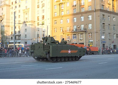 MOSCOW/RUSSIA - MAY 4: Kurganets-25 Amphibious Armored Personnel Carrier (APC) Based On Armata Next Generation Heavy Military Vehicle Combat Platform On Night Parade Rehearsal On May 4, 2015 In Moscow