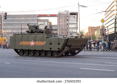 MOSCOW/RUSSIA - MAY 4: Kurganets-25 Amphibious Armored Personnel Carrier (APC) Based On Armata Next Generation Heavy Military Vehicle Combat Platform On Night Parade Rehearsal On May 4, 2015 In Moscow