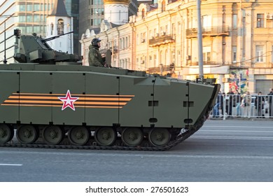 MOSCOW/RUSSIA - MAY 4: Kurganets-25 Amphibious Armored Personnel Carrier (APC) Based On Armata Next Generation Heavy Military Vehicle Combat Platform On Night Parade Rehearsal On May 4, 2015 In Moscow