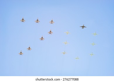 MOSCOW/RUSSIA - MAY 7: Number 70 Made By 7 Mig-29SMT And 8 Su-25SM On Rehearsal Of Parade Devoted To 70-th Victory Day Aniversary On May 7, 2015 In Moscow. 