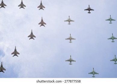 MOSCOW/RUSSIA - MAY 7: Number 70 Made By 7 Mig-29 And 8 Su-25 On Rehearsal Of Parade Devoted To 70-th Victory Day Aniversary On May 7, 2015 In Moscow.
