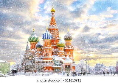 Moscow,Russia,Red Square,view Of St. Basil's Cathedral In Winter