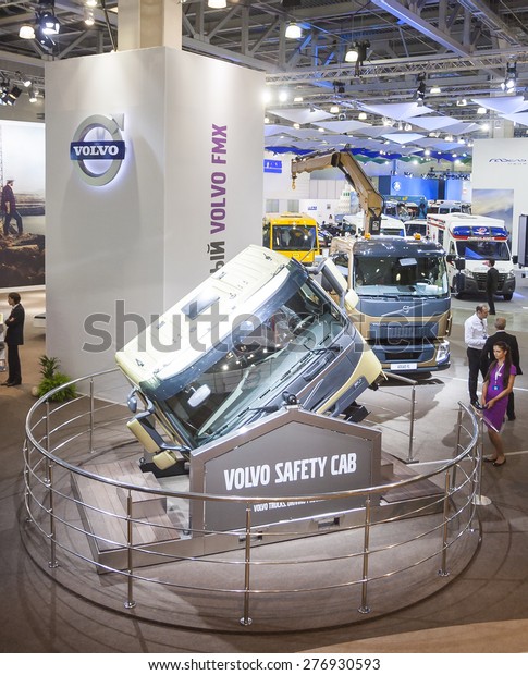 MOSCOW-SEPTEMBER\
12,2013: Booth for driver training trucks Swedish company Volvo at\
the International Exhibition\
COMTRANS