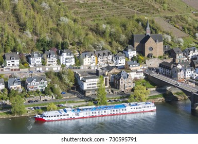 A Moselle River Cruise Ship Docked At The City Of Cochem In The Eifel In Germany.