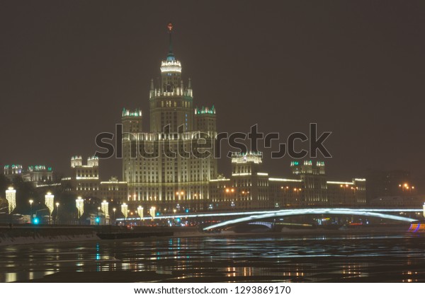 Moskva-river at the winter\
night blizzard