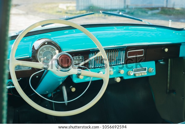 a
moskvich soviet car mentol color. old retro
car.