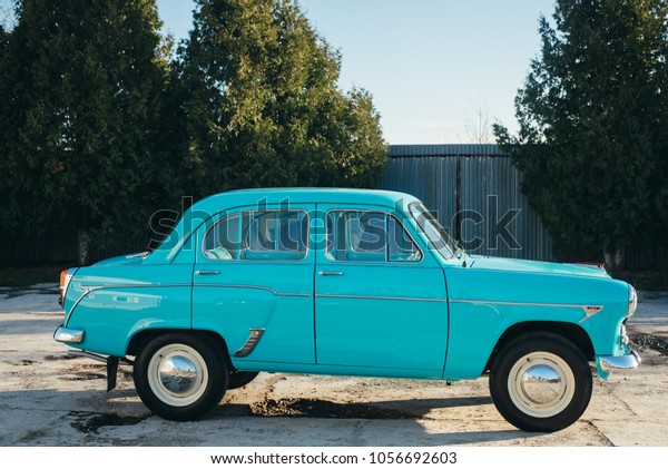 a\
moskvich soviet car mentol color. old retro\
car.