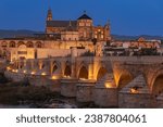 Mosque cathedral of Córdoba and the Roman bridge at dawn and with artificial lighting.