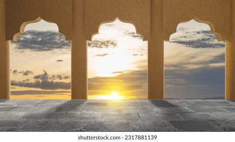 Mosque door arch with landscape view and sunset scene background