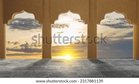 Mosque door arch with landscape view and sunset scene background