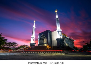 Mosque And Islamic Center At Ahmad Dahlan University Yogyakarta (UAD), Indonesia. This View Of Beautiful Sunset Sky Cloud At Maghrib Time