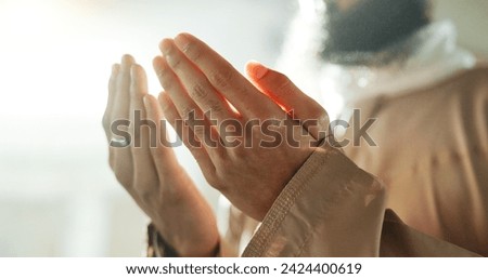 Mosque, prayer and hands of Islamic man with love, mindfulness and gratitude in faith. Worship, religion and Muslim teacher in holy temple praise, spiritual teaching and peace Ramadan in Morocco.