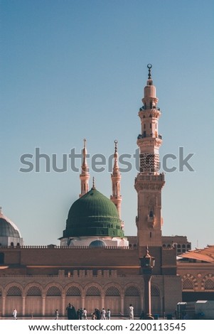 Mosque of the Prophet Muhammad (SAW) in Medina, Saudi Arabia, green dome of the Masjid Nabwi.