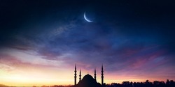 Mosque Sunset Sky, Moon, Holy Night, Islamic Night And Silhouette Mosque, Panaromic Islamic Wallpaper