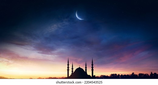 Mosque sunset sky, moon, holy night, islamic night and silhouette mosque, panaromic islamic wallpaper - Shutterstock ID 2204543525