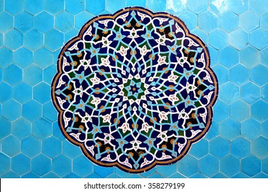 Mosque in Yazd, Iran, blue arabesque