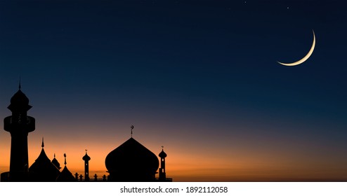 Mosques dome on dark blue twilight sky and crescent moon on background, symbol Islamic religion and free space for text arabic, Ramadan, Eid al-Adha, Eid al-fitr, New year Muharram.