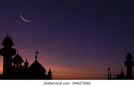 Mosques Dome on dark blue twilight sky and Crescent Moon on background, symbol islamic religion Ramadan and free space for text arabic, Eid al-Adha, Eid al-fitr,New year Muharram 