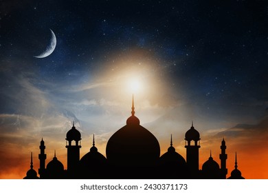 Mosques Dome on dark blue twilight sky and Crescent on background, symbol islamic religion Ramadan and free space for text arabic, Eid al-Adha, Eid al-fitr, Mubarak, Islamic new year Muharram - Powered by Shutterstock