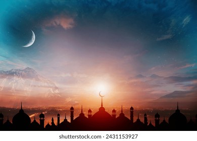 Mosques Dome on dark blue twilight sky and Crescent on background, symbol islamic religion Ramadan and free space for text arabic, Eid al-Adha, Eid al-fitr, Mubarak, Islamic new year Muharram
