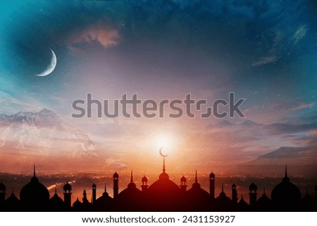 Mosques Dome on dark blue twilight sky and Crescent on background, symbol islamic religion Ramadan and free space for text arabic, Eid al-Adha, Eid al-fitr, Mubarak, Islamic new year Muharram
