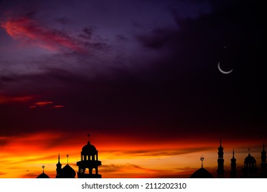 Mosques Dome on dark night with Crescent Moon on black background. New year Muharram, Eid al-fitr, Eid al-adha. Religion symbol islamic Ramadan. - Shutterstock ID 2112202310