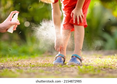 Mosquito On Kids Skin. Little Boy Attacked By Mosquitoes In Tropical Forest. Insect Repellent. Malaria And Dengue Fever Prevention. Child Scratching Itchy Bite In Summer Park.