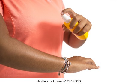 Mosquito Repellent. Woman Spraying Insect Repellents On White Background