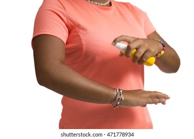 Mosquito Repellent. Woman Spraying Insect Repellents On White Background