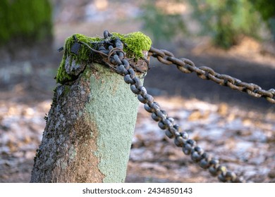 moss covered granite column, rusty iron chain in Latvia country cemetery