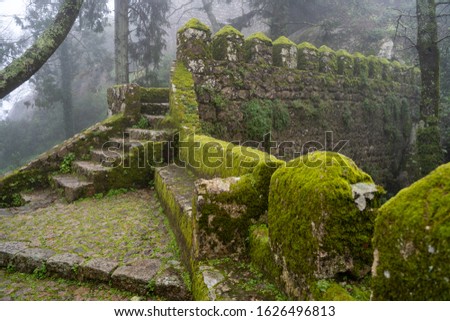Moss covered old steps and stairs of the Moorish Castle (Castle of Moors) on a foggy, misty day in Sintra Portugal