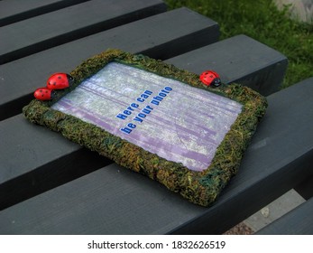 Moss Photo Frame With A Family Of Ladybugs. Inscription - Your Photo Can Be Here.