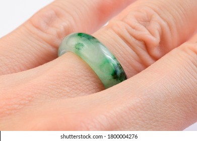 Moss In Snow Jadeite Ring On Hand