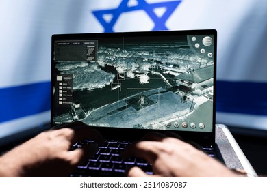 Mossad agent using notebook, operating air defense system tracking incoming missiles threatening country. Close up of equipment used by Israeli intelligence operative defending against rockets