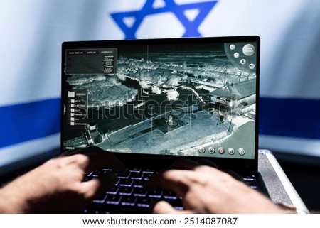 Mossad agent using notebook, operating air defense system tracking incoming missiles threatening country. Close up of equipment used by Israeli intelligence operative defending against rockets