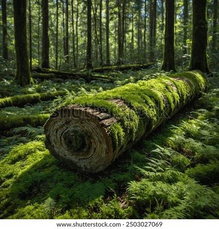 A moss-covered log is a fallen tree trunk or branch that has become a habitat for various types of mosses. Over time, these soft, green plants gradually cover the log's surface, creating a lush, vibra