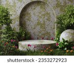 Mossy podium in tropical forest for product presentation and dark room background.3d rendering