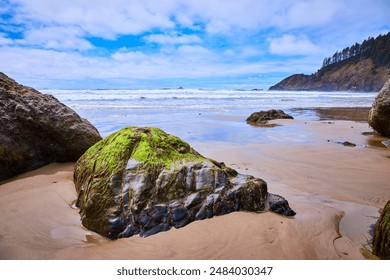 Mossy Rock and Ocean Waves at Eye-Level on Indian Beach - Powered by Shutterstock