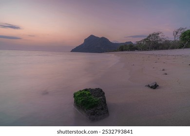 mossy rocks on a beach exposed to the waves at sunset - Powered by Shutterstock