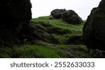 A mossy, rocky terrain with patches of green grass, viewed from a shadowed area, creating a natural and earthy outdoor scene with a tranquil atmosphere.