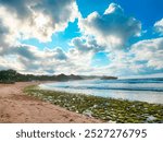 Mossy seaside corals glisten under the bright morning sun. The vibrant green moss contrasts with the rugged corals, while the clear sky and warm sunlight create a fresh, serene atmosphere by the sea.