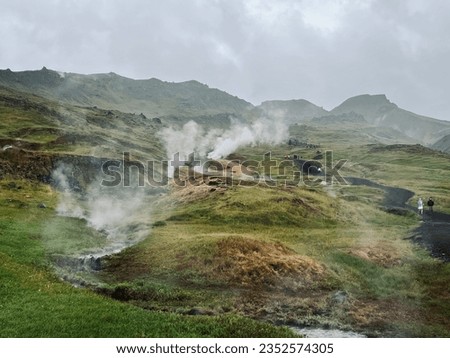 Mossy and wetland terrain of Reykjadalur Valley, Iceland. Valley is known for its mudpots, soda springs and geothermal activity. August 6, 2023.