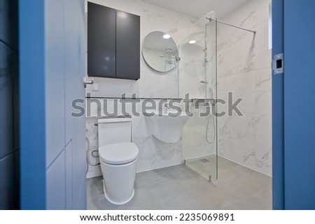 The most basic bathroom layout consisting of three partitions toilet, sink, and shower.