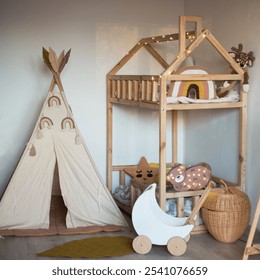 the most beautiful children's room with a two-story bed and a wigwam. Home living room with flashlight decoration - Powered by Shutterstock