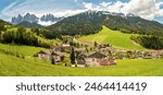 The most beautiful and famous place in the Italian Alps is the village of Santa Magdalena in spring, with amazing views of the Dolomites, panorama. South Tyrol, Val di Funes, Trentino, Italien, Europa