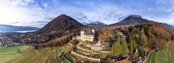 Most Beautiful Medieval Castles Of France - Fairytale Menthon Located Near Lake Annecy. Aerial Panoramic View
